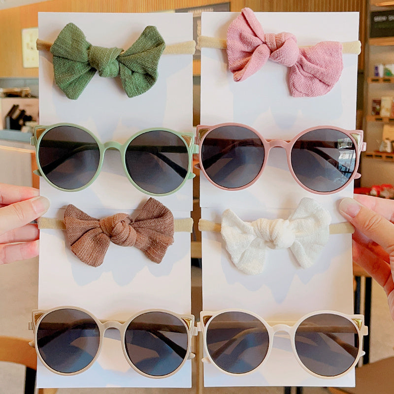 Girl's Solid Bowknot Headbands and Cat Sunglasses Set