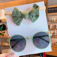 Girl's Solid Bowknot Headbands and Cat Sunglasses Set
