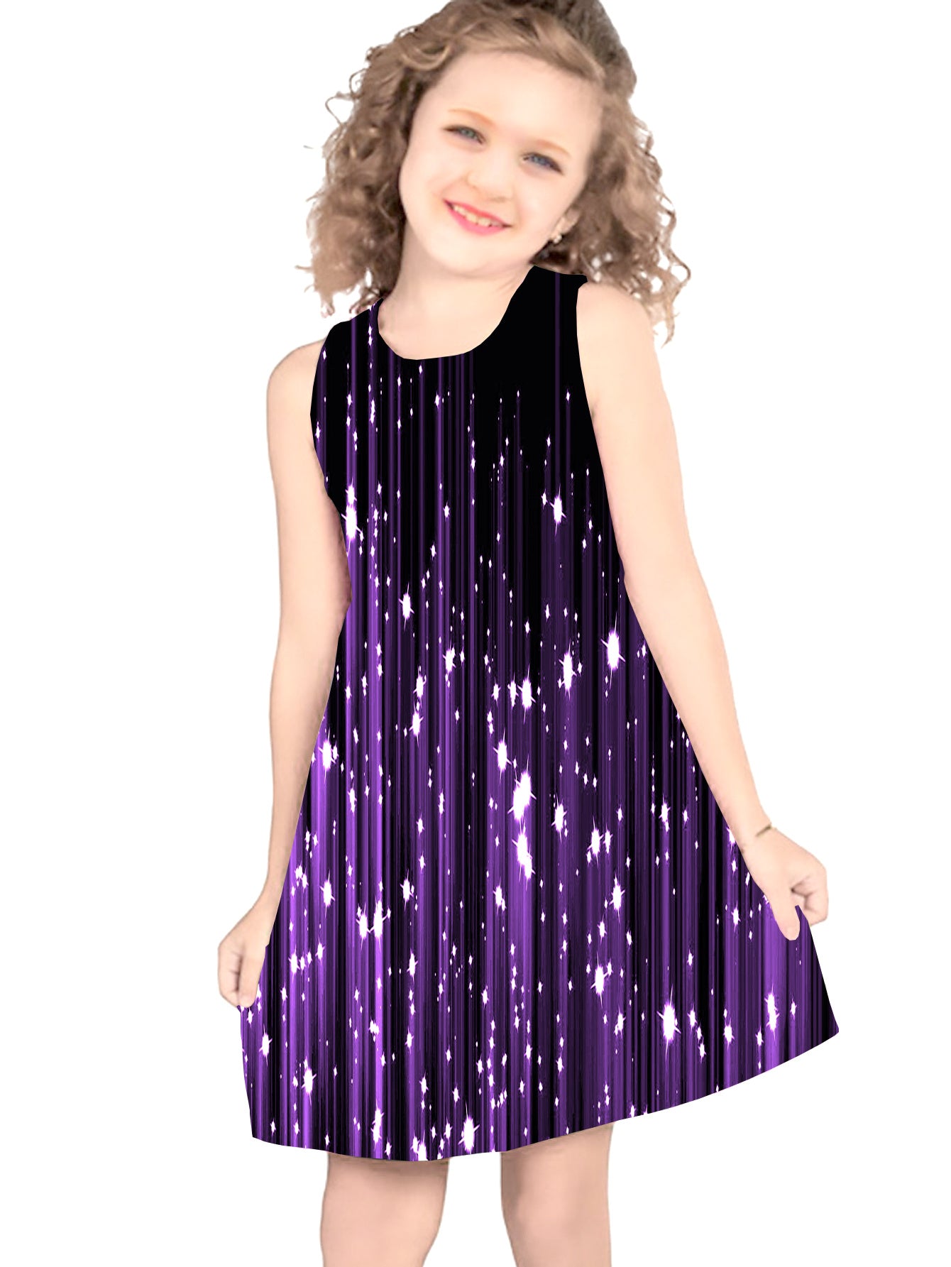 Girls' Digital Print Sleeveless A Line Dress for Spring Summer