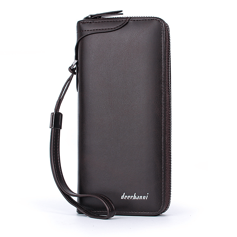 Men's Leather Zipper Business Clutch Bag with Card Slots