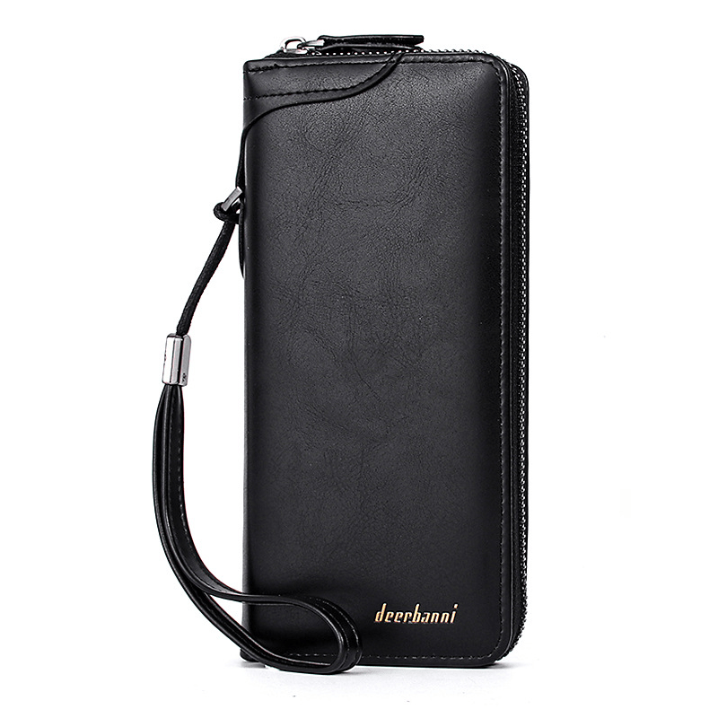 Men's Leather Zipper Business Clutch Bag with Card Slots
