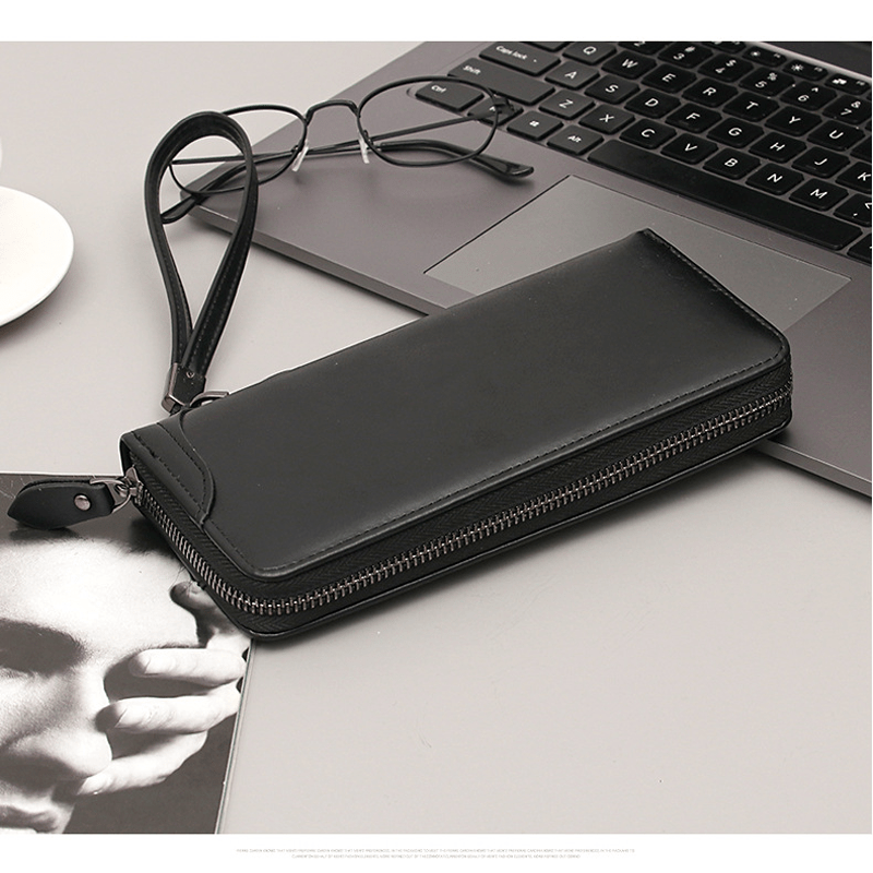 Men's Leather Zipper Business Clutch Bag with Card Slots