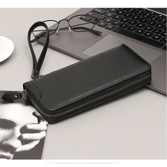 Men's Leather Zipper Business Clutch Bag with Card Slots