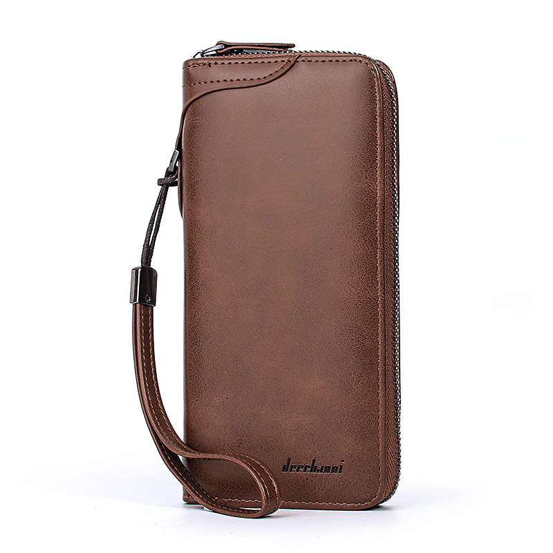Men's Leather Zipper Business Clutch Bag with Card Slots