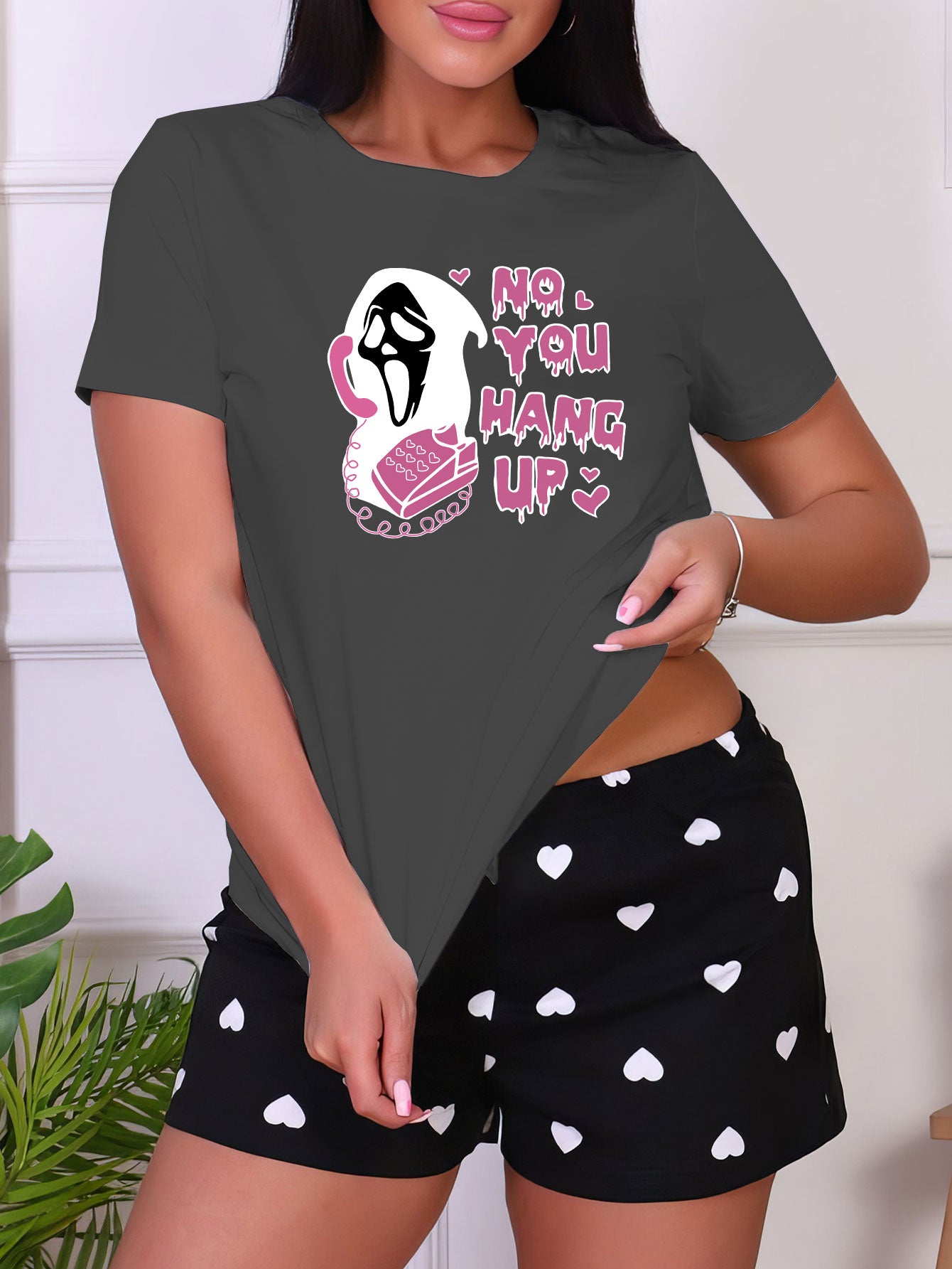 Skull Print Sleep Top Short Sleeve Crew Neck Women's Sleepwear