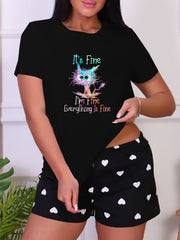 Letter & Cat Print Sleep Top Short Sleeve Crew Neck
