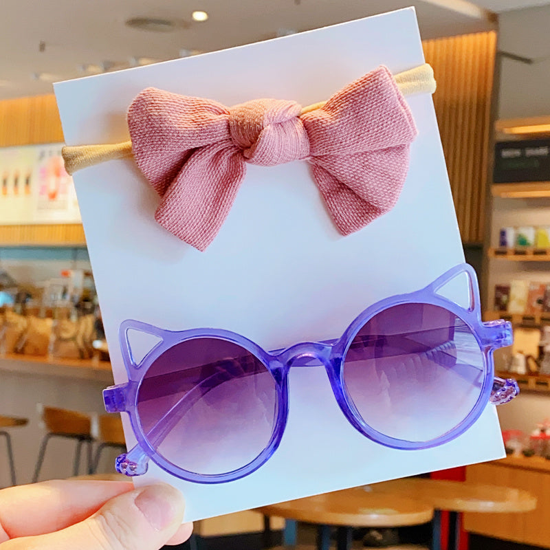 Girls Cat Ears Sunglasses & Bowknot Hairband Set