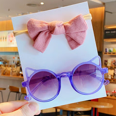 Girls Cat Ears Sunglasses & Bowknot Hairband Set