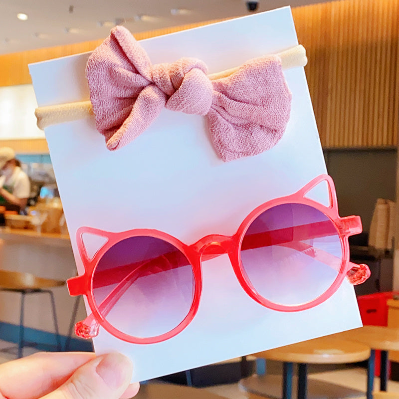 Girls Cat Ears Sunglasses & Bowknot Hairband Set