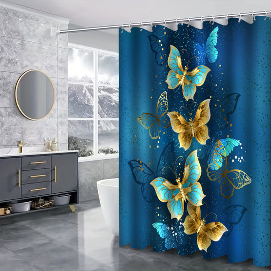 4pcs Golden Butterfly Shower Curtain Set 72 x 72 Inch