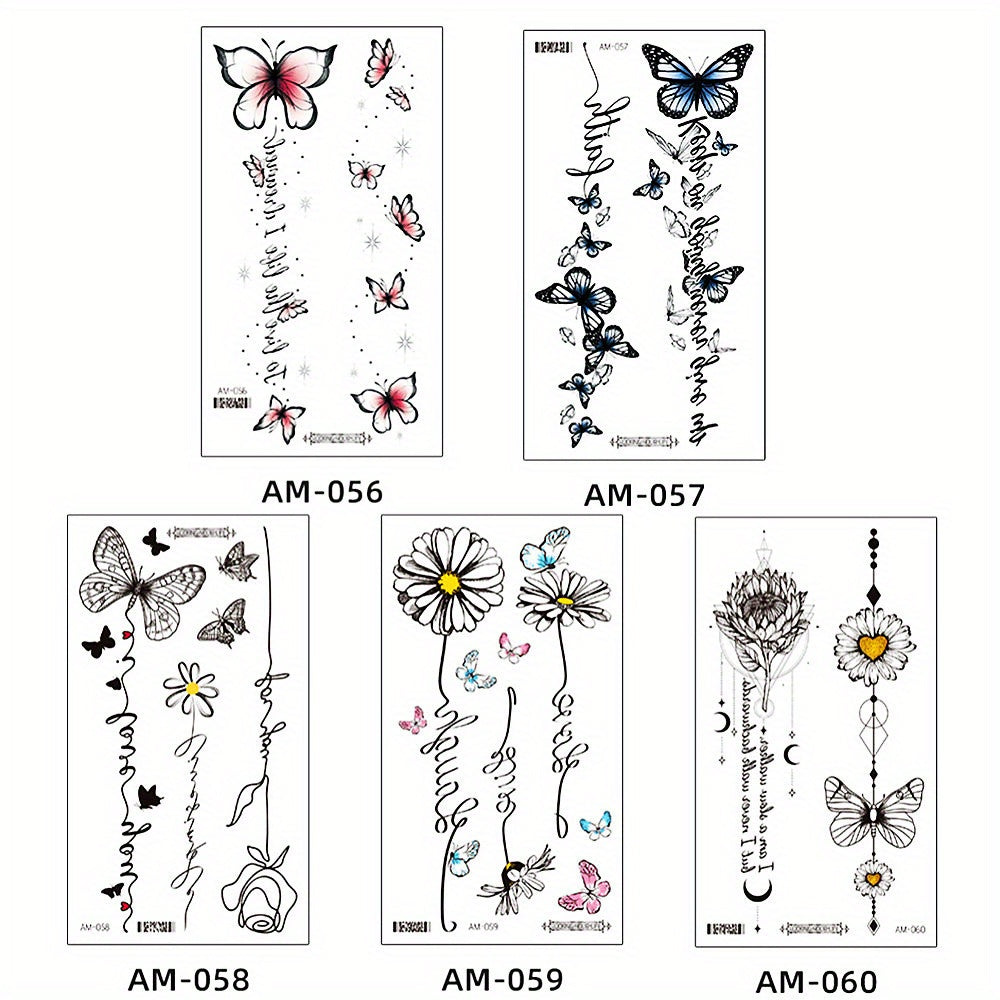 5pcs Flower Butterfly Feather Temporary Tattoo