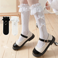 Girls Kids Bowknot Ruffled Knee High Socks