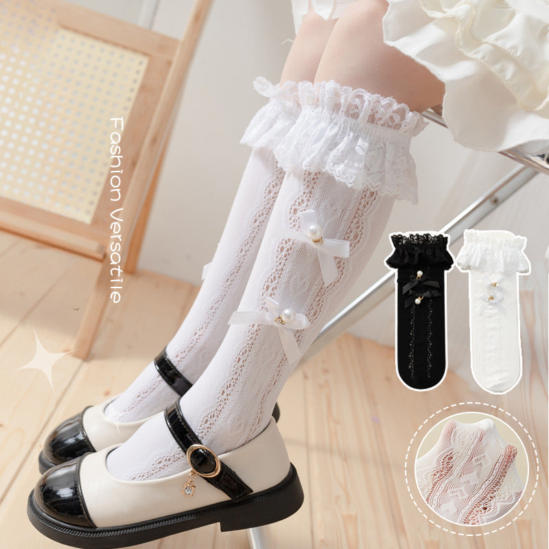 Girls Kids Bowknot Ruffled Knee High Socks