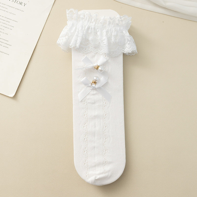 Girls Kids Bowknot Ruffled Knee High Socks