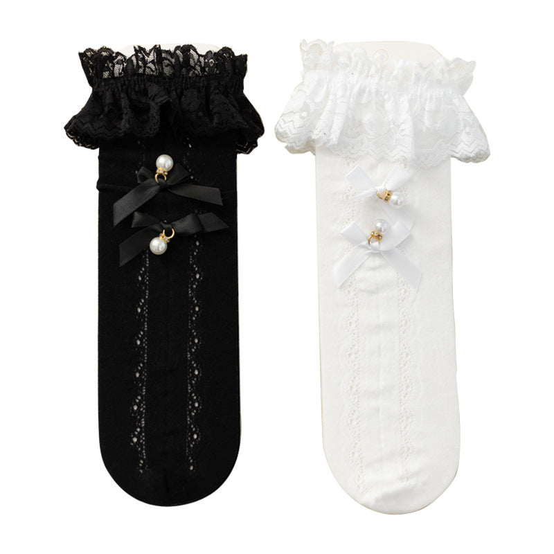 Girls Kids Bowknot Ruffled Knee High Socks