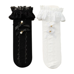 Girls Kids Bowknot Ruffled Knee High Socks