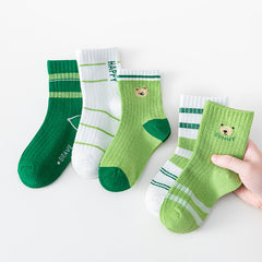5 Pairs Green Bear Socks for Boys Kids 1-12 Years Old