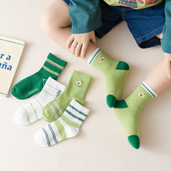 5 Pairs Green Bear Socks for Boys Kids 1-12 Years Old