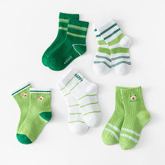 5 Pairs Green Bear Socks for Boys Kids 1-12 Years Old
