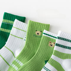 5 Pairs Green Bear Socks for Boys Kids 1-12 Years Old
