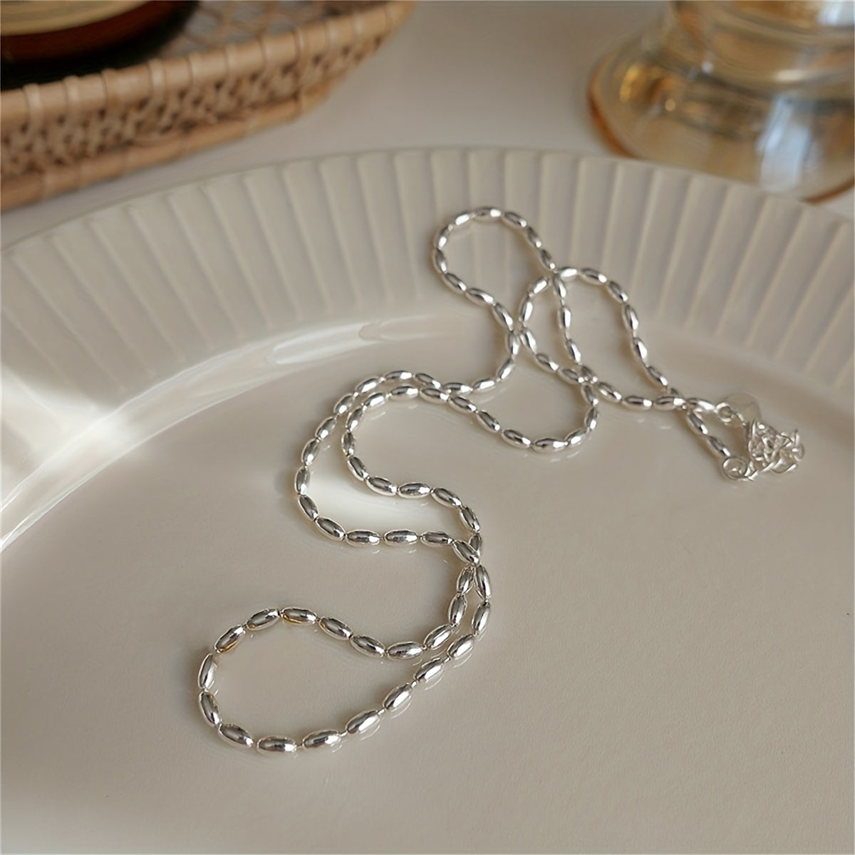 Girl's Metal Rice Grain Necklace & Heart Pendant Clavicle Chain