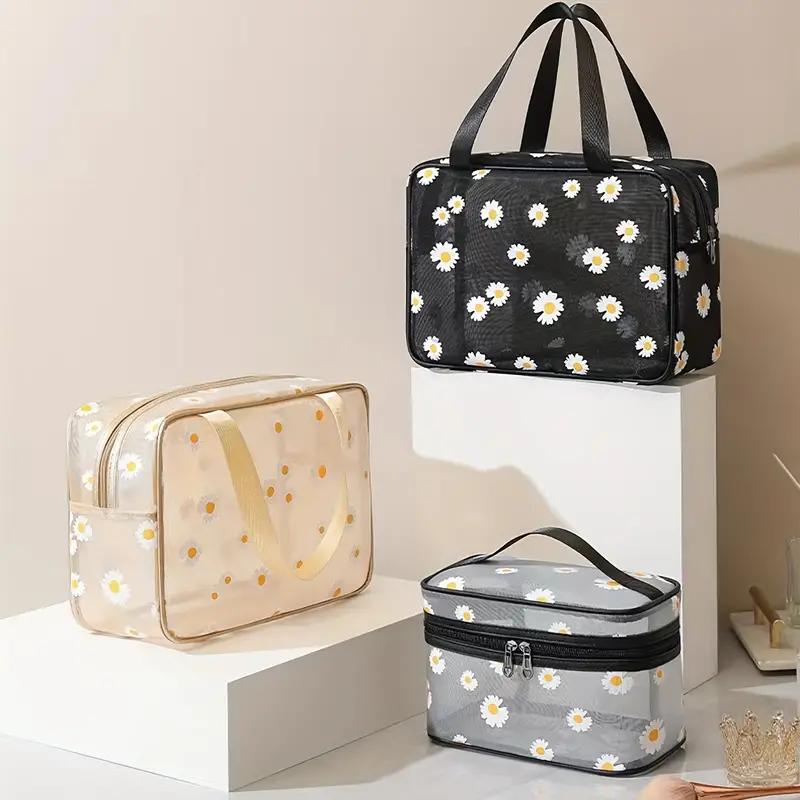 2-Pc Daisy Flower Makeup Bag Set, Transparent Toiletry Organizer Pouch
