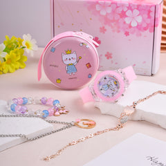 Cartoon Cat LED Watch Set with Silicone Strap Necklace Bracelet Coin Purse