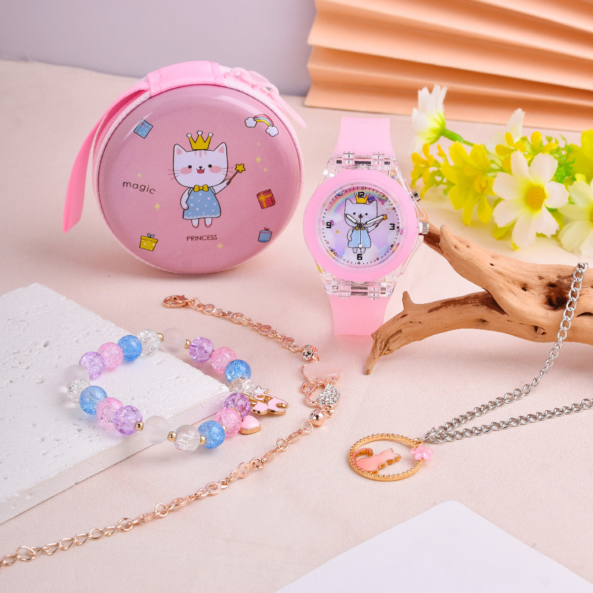 Cartoon Cat LED Watch Set with Silicone Strap Necklace Bracelet Coin Purse