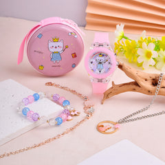 Cartoon Cat LED Watch Set with Silicone Strap Necklace Bracelet Coin Purse