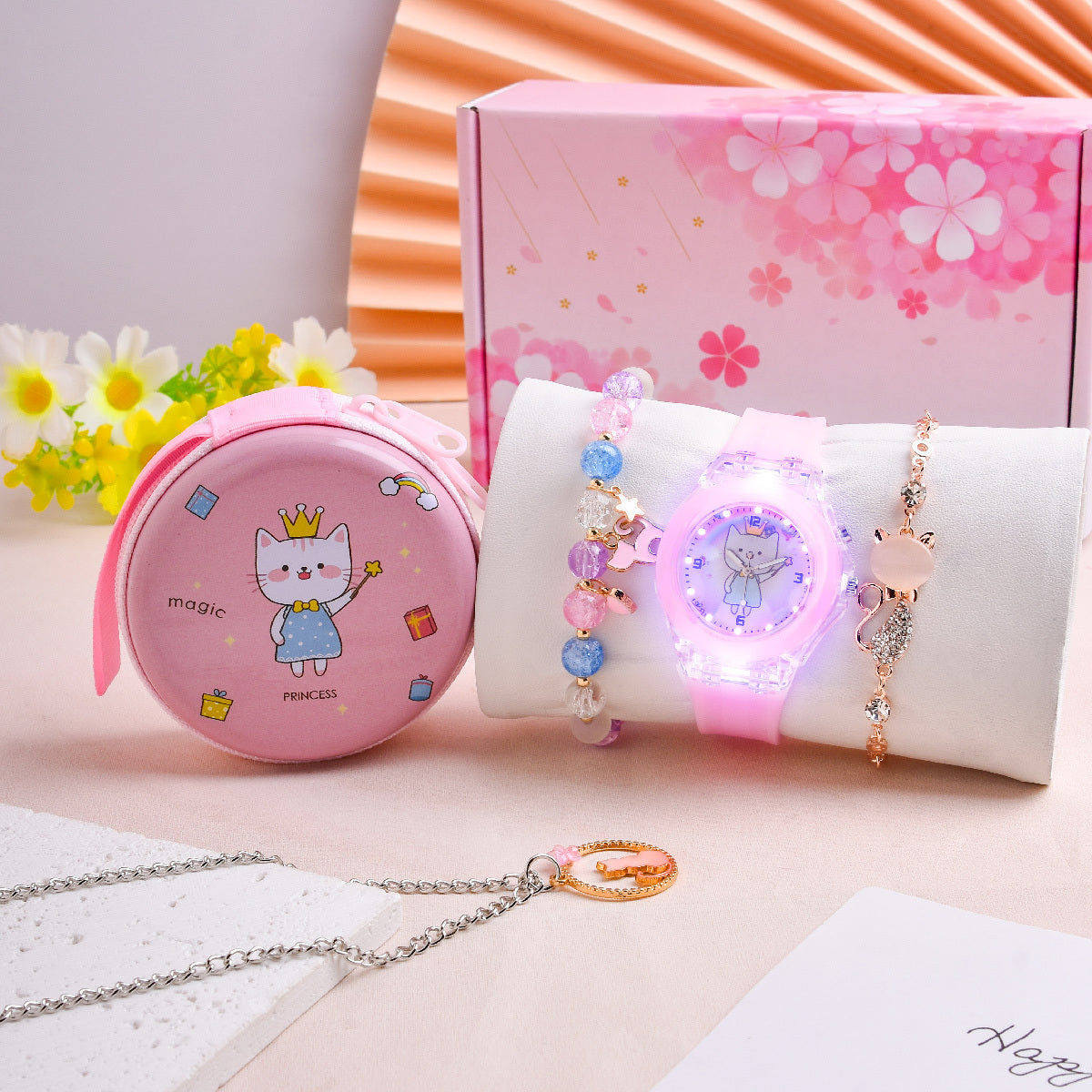 Cartoon Cat LED Watch Set with Silicone Strap Necklace Bracelet Coin Purse