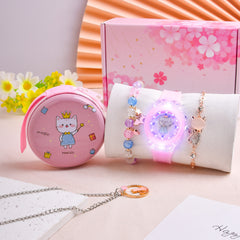 Cartoon Cat LED Watch Set with Silicone Strap Necklace Bracelet Coin Purse