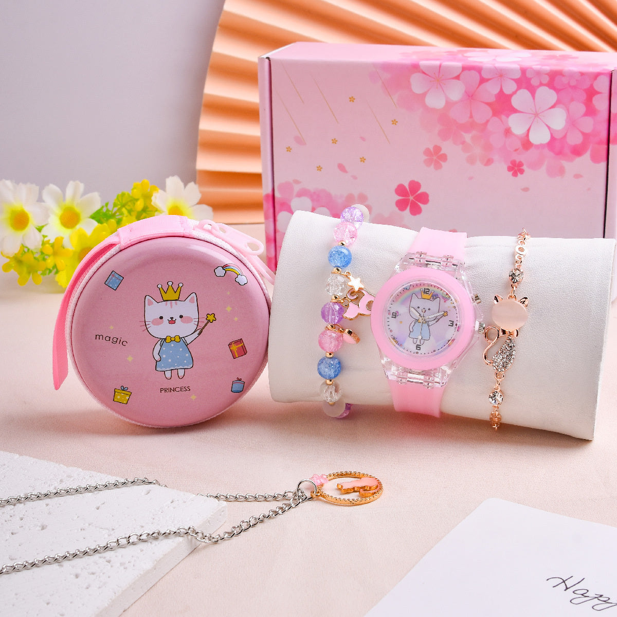 Cartoon Cat LED Watch Set with Silicone Strap Necklace Bracelet Coin Purse