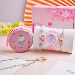 Cartoon Cat LED Watch Set with Silicone Strap Necklace Bracelet Coin Purse
