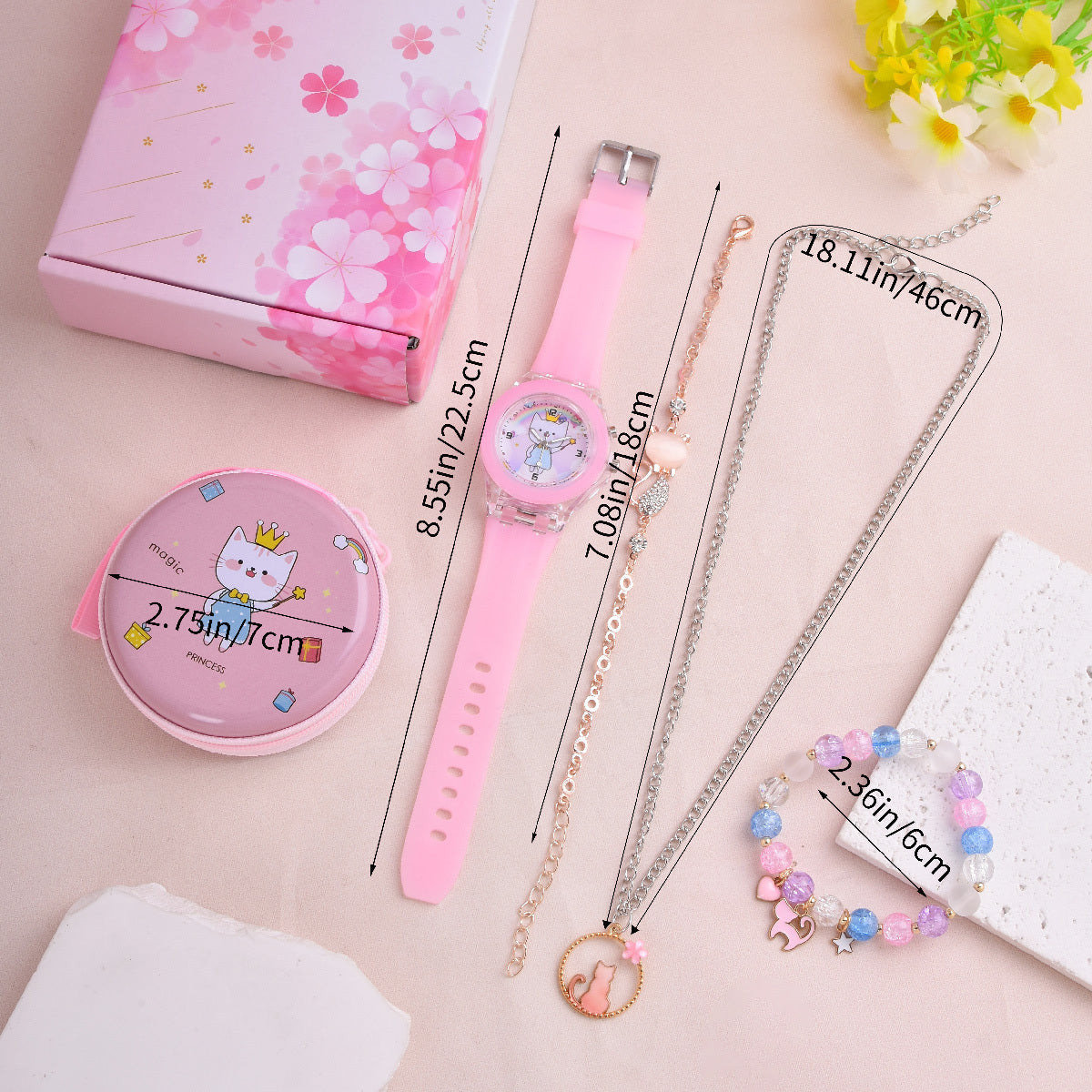 Cartoon Cat LED Watch Set with Silicone Strap Necklace Bracelet Coin Purse