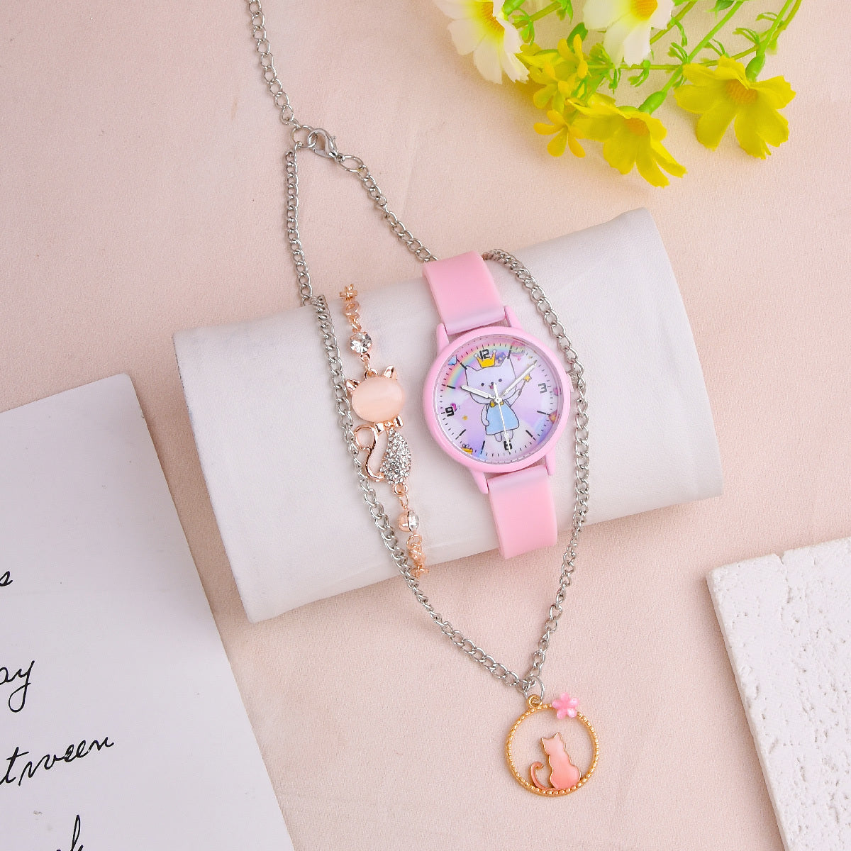 3pcs Cartoon Kitten Girls Watch Set