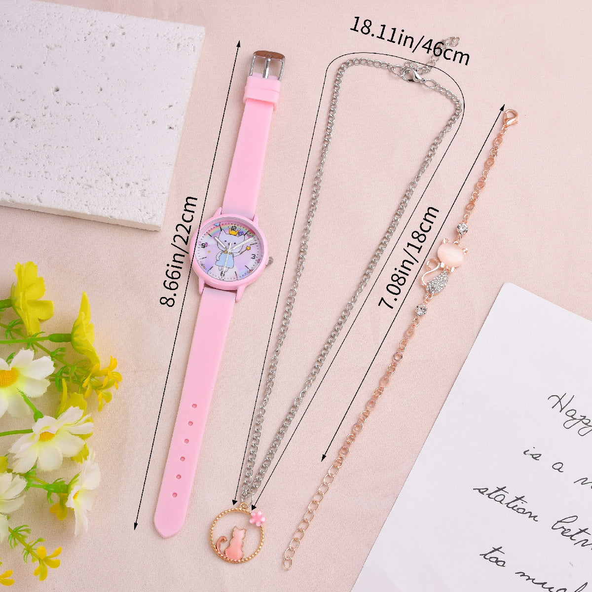 3pcs Cartoon Kitten Girls Watch Set