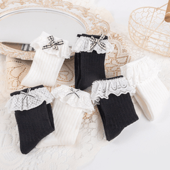 Girls Lace Socks Flower Ruffled Edge Bowknot Breathable Crew Socks