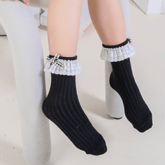 Girls Lace Socks Flower Ruffled Edge Bowknot Breathable Crew Socks