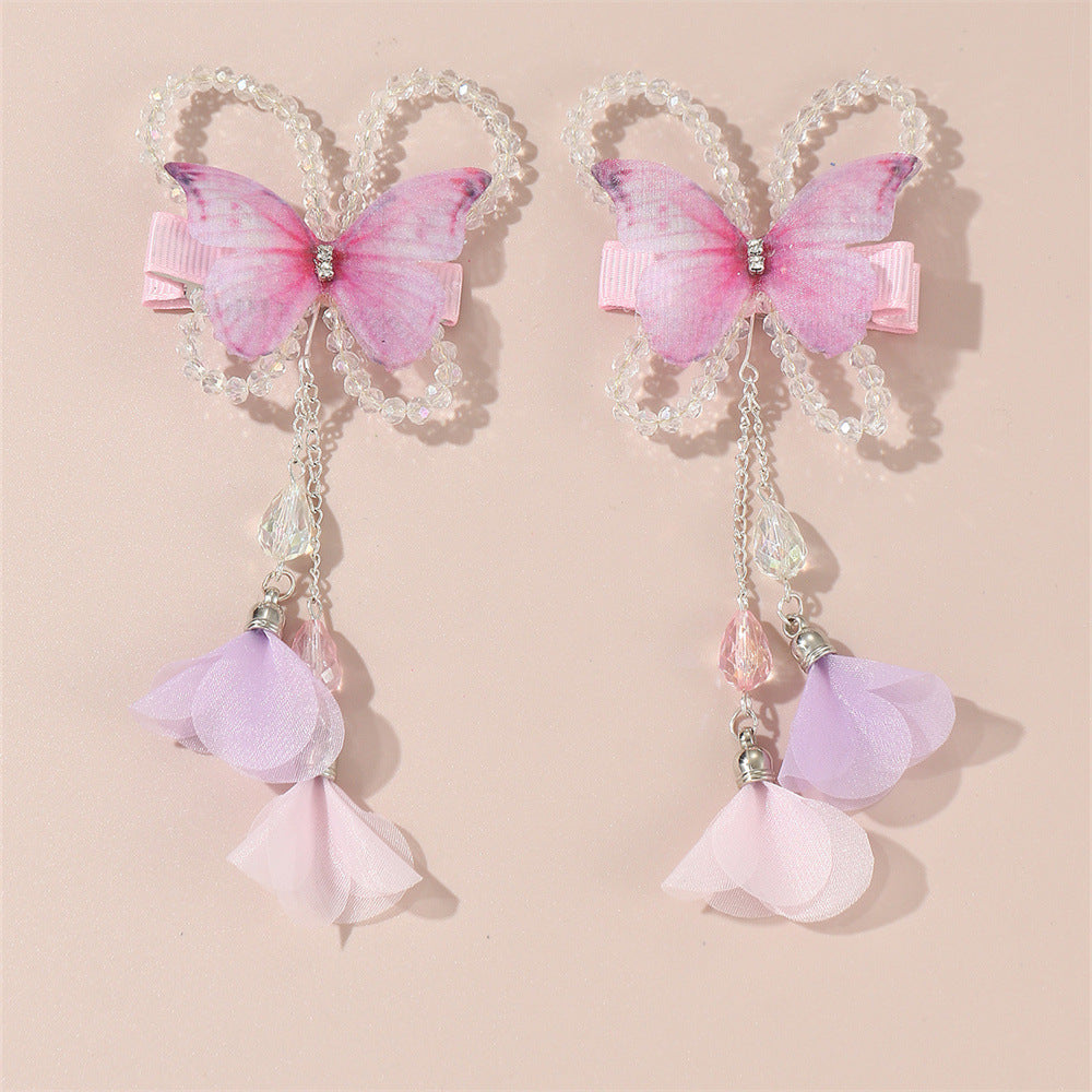 2pcs Butterfly Tassel Bead Hair Clip for Girls