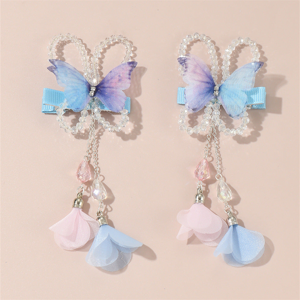 2pcs Butterfly Tassel Bead Hair Clip for Girls