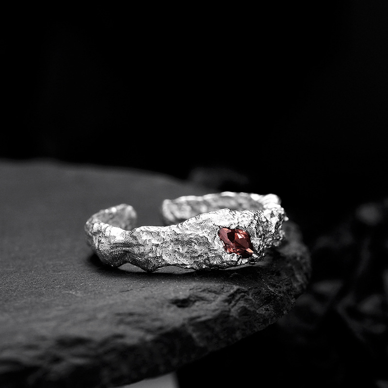 S925 Silver Broken Textured Ring Eye Stone Finger Ring