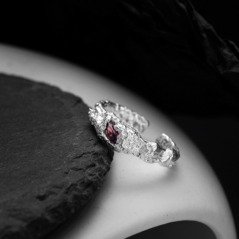 S925 Silver Broken Textured Ring Eye Stone Finger Ring