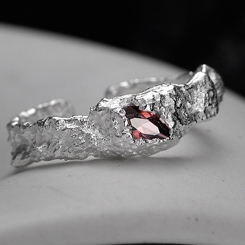 S925 Silver Broken Textured Ring Eye Stone Finger Ring