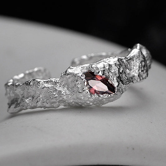 S925 Silver Broken Textured Ring Eye Stone Finger Ring