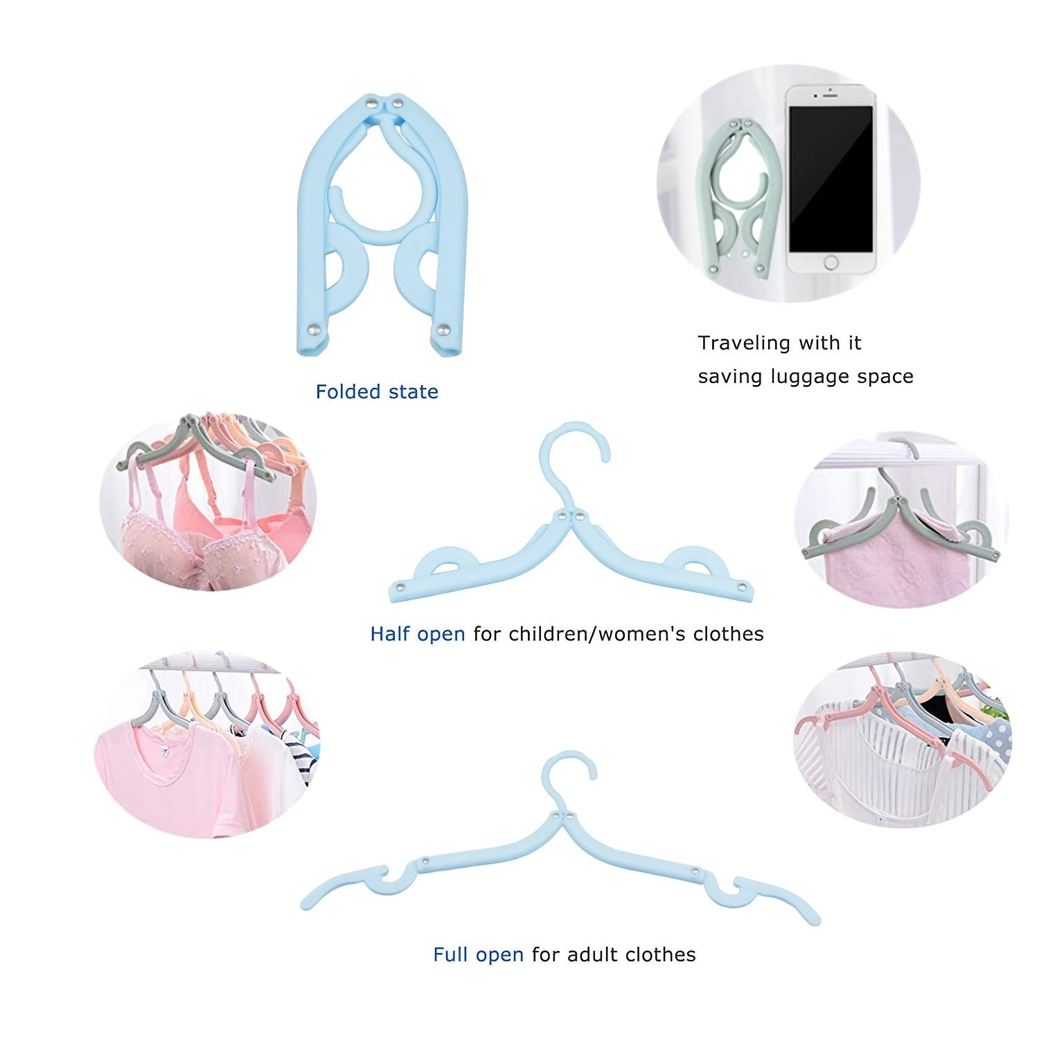 8pcs Colored Travel Hangers Portable Foldable Clothes Hangers Drying Rack