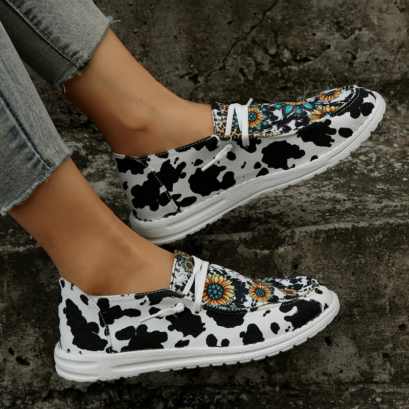 Women's Sunflower Canvas Slip-On Shoes Cow Print Low-Top Walking Flats