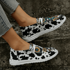 Women's Sunflower Canvas Slip-On Shoes Cow Print Low-Top Walking Flats