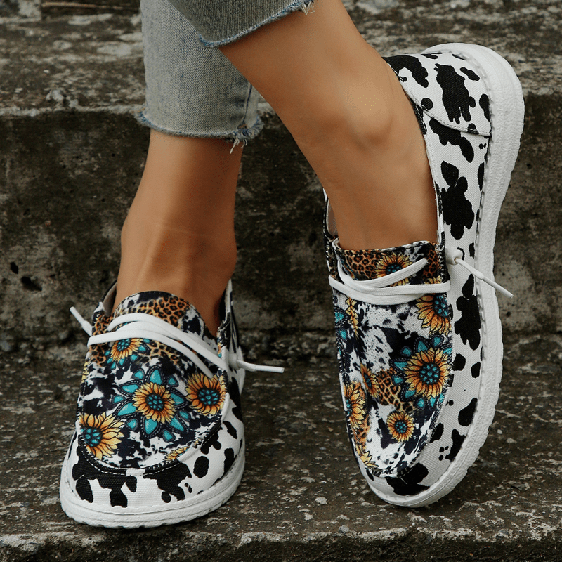 Women's Sunflower Canvas Slip-On Shoes Cow Print Low-Top Walking Flats
