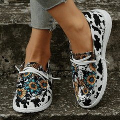 Women's Sunflower Canvas Slip-On Shoes Cow Print Low-Top Walking Flats
