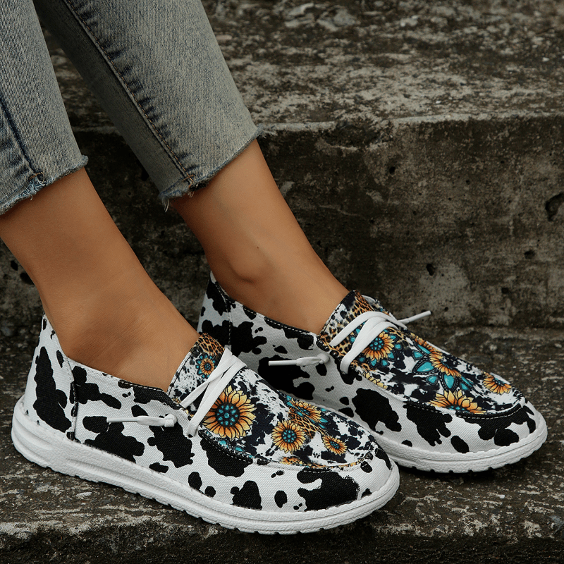 Women's Sunflower Canvas Slip-On Shoes Cow Print Low-Top Walking Flats